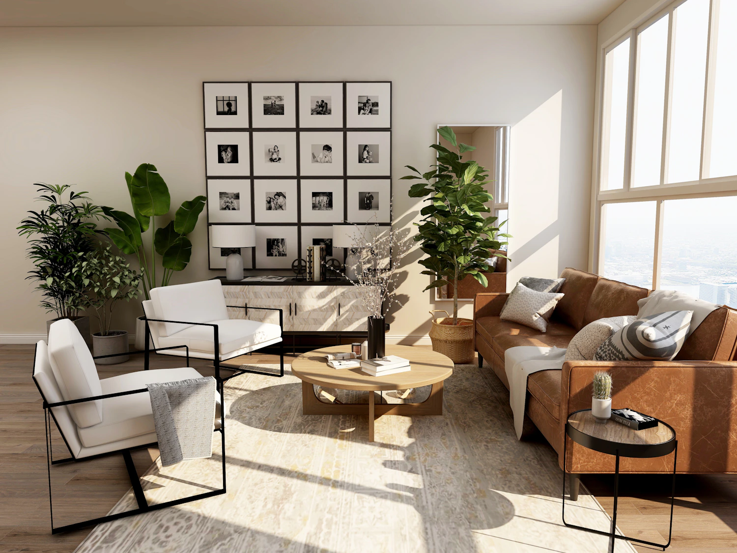 Eleganter Wohnraum mit natürlichen Materialien und warmem Licht